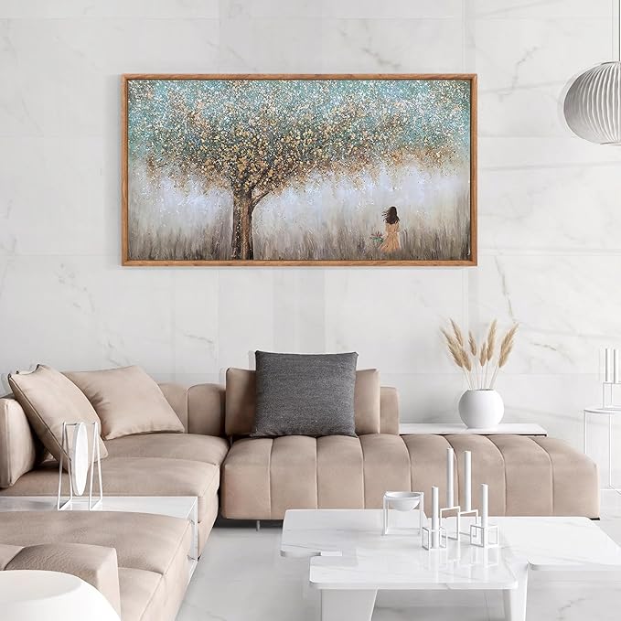 Aurlan Tree of Life Hand Painted Framed Wall Decor(40"x20"), Large Abstract Girl under Tree Oil Painting Canvas Artwork, Modern Nature Landscape Art for Office Living Room Bedroom