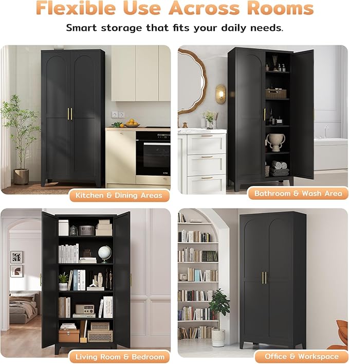 70.87" H Metal Kitchen Pantry Cabinet, Freestanding Cupboard with 2 Doors and 4 Adjustable Shelves, Tall Metal Storage Cabinet for Kitchen, Bathroom, Dinning Room or Laundry Room （Black）