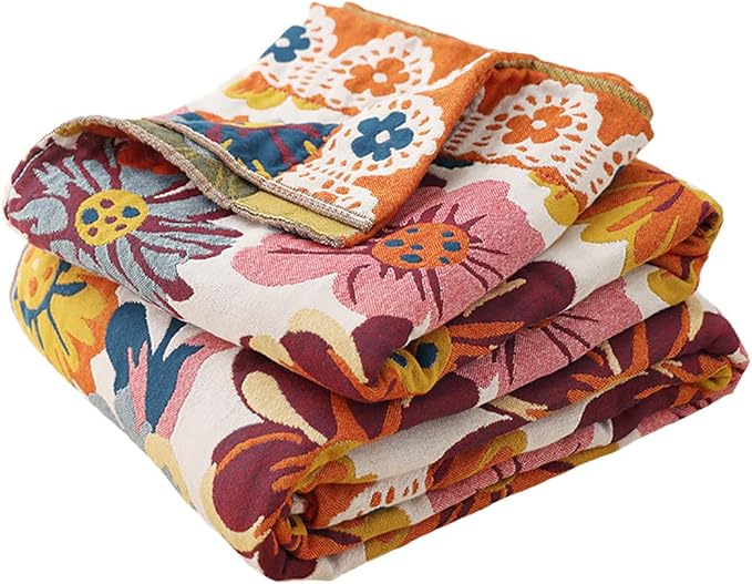 Boho Muslin Blanket for Adults 4-Layer Gauze 80 x 90 Inches Soft Cozy 100% Cotton Summer Cooling Blanket Floral Decor for Sofa Bed Coverlet Both Sides (Daisy Floral, 80 x 90 in)