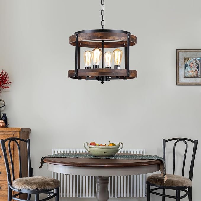 4-Light Large Rustic Farmhouse Wood Pendant Light Fixture with Adjustable Chain, 16.5 inch Oak Wood Drum Chandelier for Dining Room Kitchen Island Farmhouse Living Room Hallway, Black