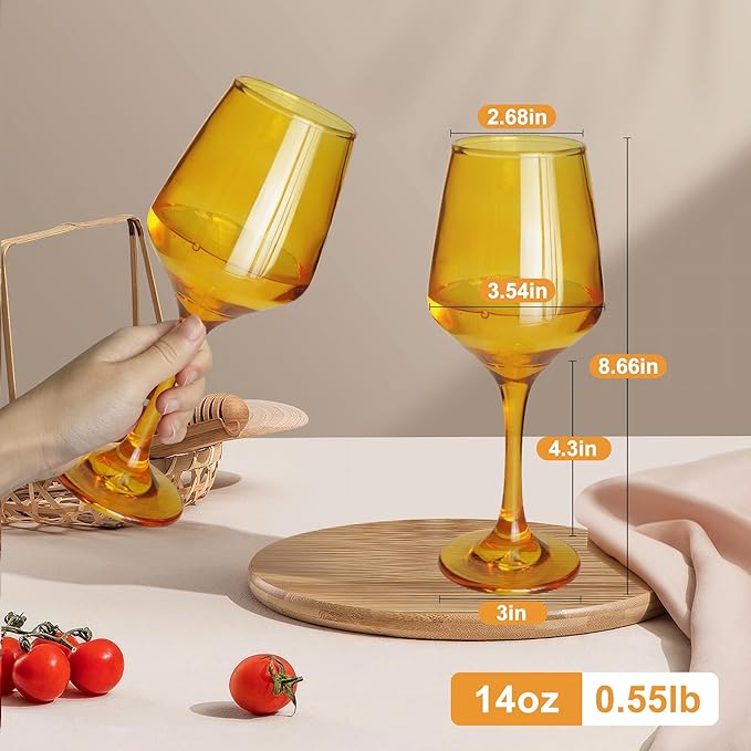 Amber Wine Glasses Set of 6-14oz Long Stem Wine Glass, Pretty Crystal Glassware, Hand Blown Goblets Drinkware, Unique Stemware Wine Glass Holiday Gift Set