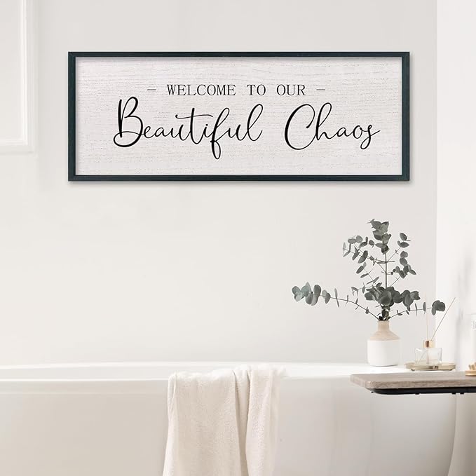comurdyo Welcome To Our Beautiful Chaos Wall Decor Art 32"X12" for Home Entryway Sign Large Wood Framed Wall Hanging (Black)