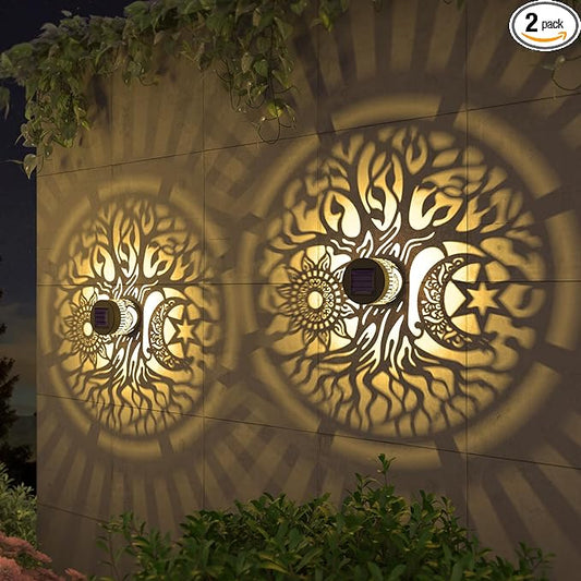 2 Pack Solar Fence Lights Metal Solar Powered Outdoor Wall Deck Step Lights Tree Theme Waterproof Fence Light for Garden Post Patio Backyard Yard Decor (Tree, 2 Pack)