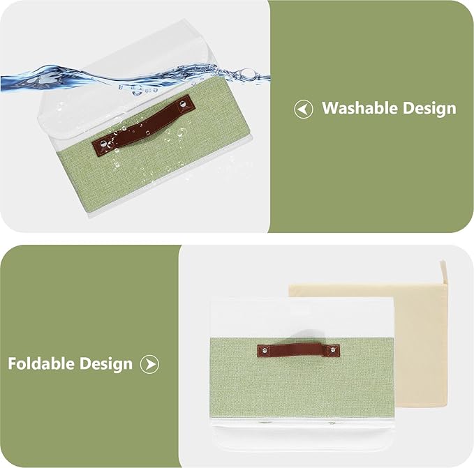 ANMINY Storage Boxes with Lids Washable Decorative Storage Bins Basket with PU Leather Handle Foldable Linen Fabric Storage Cubes Containers for Home Closet Organizer - Green White, Small Size