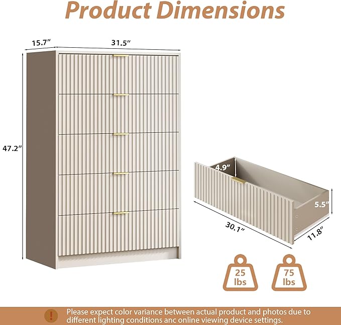 5 Drawer Dresser for Bedroom, Tall Dresser Chest of Drawers with Gold Handles, 32 Inch Wide Nightstand with for Bedroom, Living Rooms, Offices, and Entryways, Beige