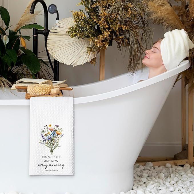 Christian Kitchen Towel, Waffle Weave Microfiber Scripture Hand Towel, His Mercies are New Every Morning Bible Verse Farmhouse Decor for Kitchen Bathroom, Inspirational Gift for Women