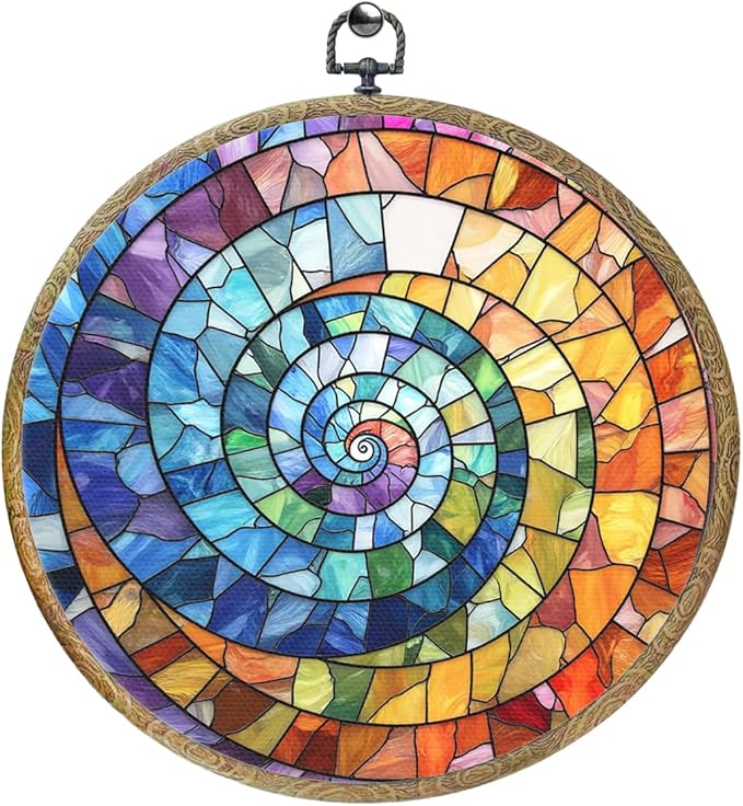 Colorful Boho Rainbow Geometric Spiral Sun Art Gift Framed Round Wall Decor Canvas Wall Art Hanging Prints Artwork for Home Office Porch Nursery Bedroom Living Room Decorations 10.2X10.2 Inch