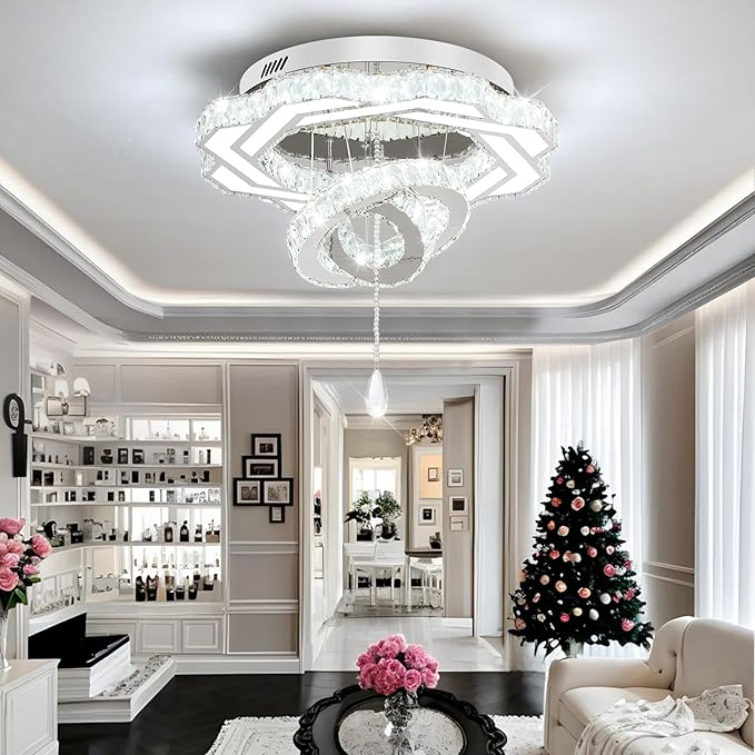 Flashing God Modern Crystal Chandeliers Dia 24" Silver Chandelier Flush Mount Ceiling Light for Bedroom Living Room Dining Room Hallway Dimmable 3 Rings LED Celing Lighting Fixtures