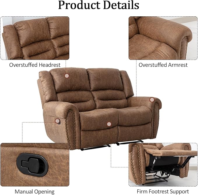 CANMOV Faux Leather Manual Loveseat Recliner, 2 Seat Reclining Chair, Overstuffed Comfortable Arms and Back Recliner Chair, Couch Set for Living Room, Bedroom Furniture, Office,Nut Brown
