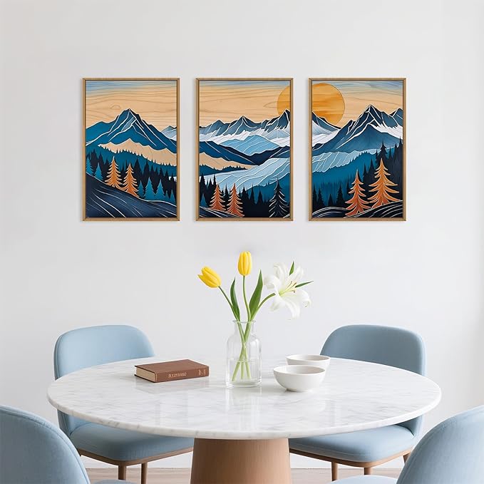Celestdeco Blue Woodcut Mountain Framed Canvas Wall Art Set, Boho Abstract Ridge Wall Decor, Pine Tree Landscape Wall Painting, Sunrise Forest Art Print for Living Room, Bedroom, Office - 24"X36"X3