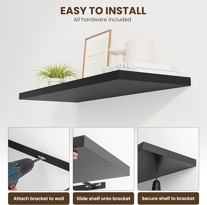 40" Floating Shelves for Wall, 12" Deep Slim Black Floating Shelves, Wall-Mounted Shelves for Bedroom, Living Room, Kitchen, Bathroom - Set of 2