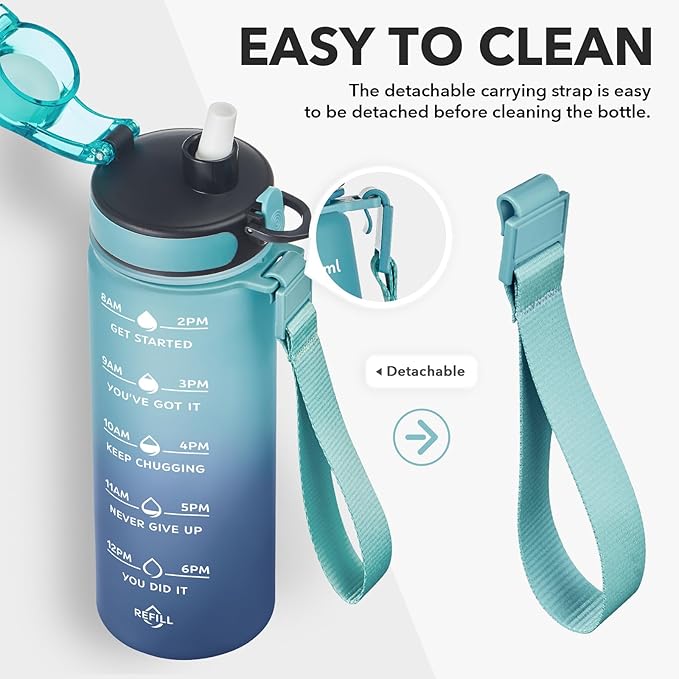 Enerbone Water Bottle, Leakproof BPA & Toxic Free, Motivational Water Bottle with Times to Drink and Straw, Fitness Sports Water Bottle with Strap for Office, Gym, Outdoor Sports