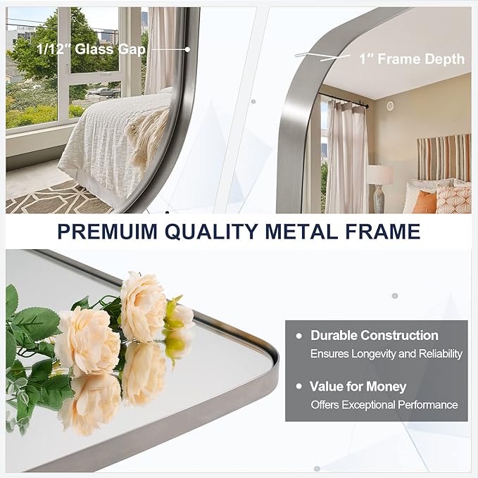 ANDY STAR Brushed Nickel Bathroom Mirror, Large 24x36’’ Brushed Nickel Metal Framed Oblong Wall Mirror, Modern Nickel Oval Vanity Mirror