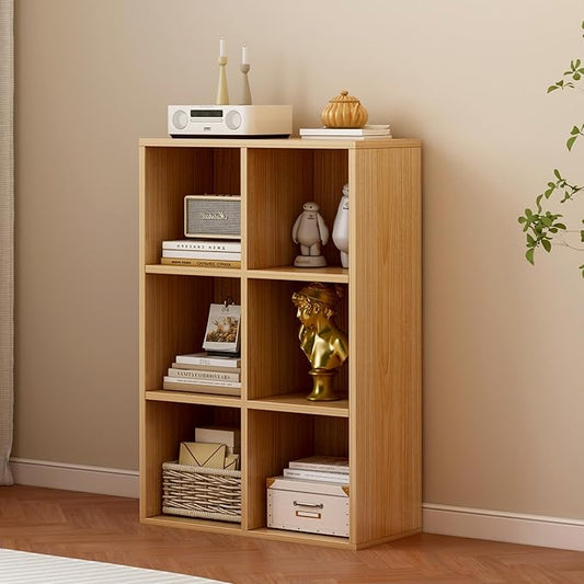 6-Cube Storage Shelf Bookcase - Wooden 3-Tier Floor Standing Open Bookshelf for Home and Office, Display Cabinet, Oak