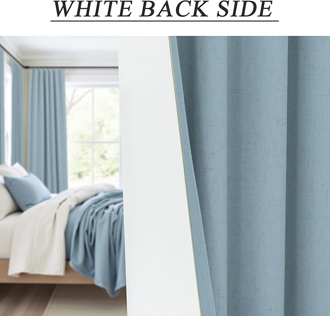 100% Blackout Curtains 90 Inches Long for Living Room 2 Panels Set Light Blocking Heat Darkening Energy Saving Curtain Window Coverings Coastal Beach Linen Farmhouse Drapes Bedroom Stone Blue Chambray