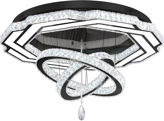 Flashing God Large Chandelier Dia 40" Black Crystal Chandelier Flush Mount Ceiling Light for Bedroom Living Room Dining Room Hallway Dimmable 3 Rings LED Celing Lighting Fixtures