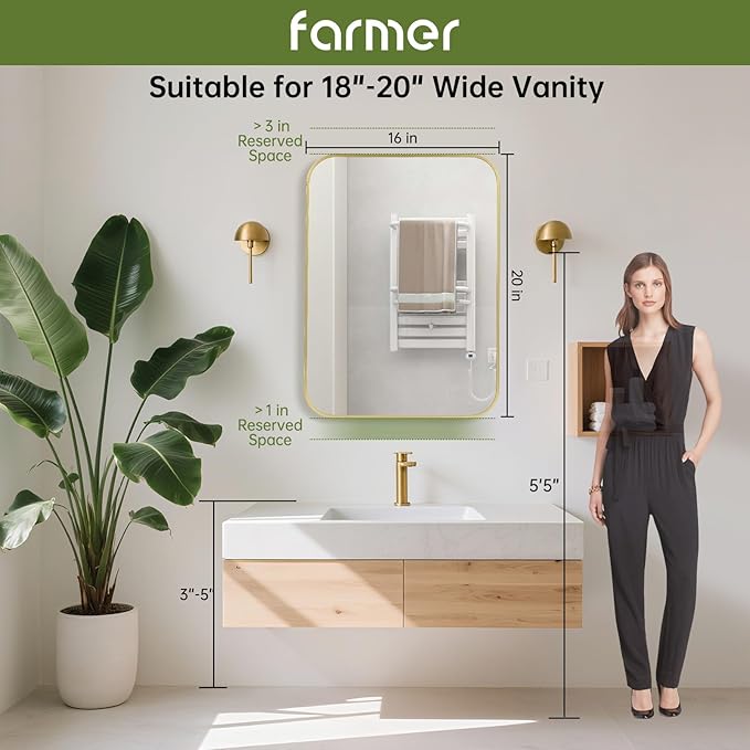 FARMER 16x20 Inch Gold Bathroom Mirror, Rectangle Vanity Mirror, Brushed Mirrors for Wall, Metal Frame Hanging Mirror with Round Corner for Bedrooms, Entryways, Living Rooms, Horizontal/Vertical