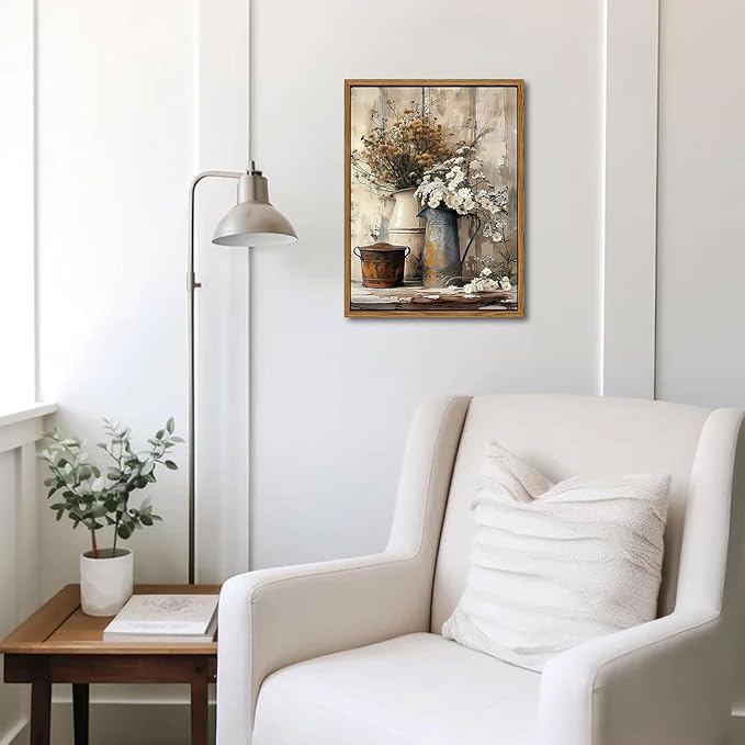 Floating Framed Farmhouse Vintage Canvas Wall Art, Country Floral Daisy Pictures Wall Decor, Wood Grain Art Paintings Poster for Living Room Bedroom Bathroom Rustic Decor 12x16 inch