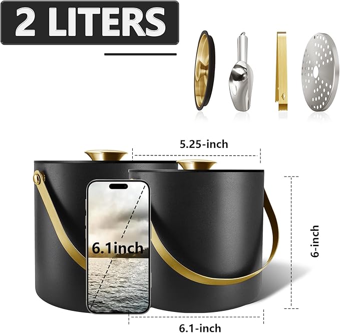 2L Ice Bucket with Silicone Lid, Scoop, Gold Tongs & Strainer, Stainless Steel Double Wall Insulated Ice Buckets for Parties & Cocktail Bar Outdoor Champagne Ice Container Bin, Black