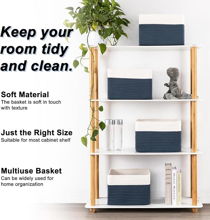 4 Pack Storage Baskets for Organizing, Woven Baskets for Shelves - Perfect for Toys, Books, Towels, and Clothes, Durable Gift Basket Bins Toy Storage, 12.7''L x9''W x7.8''H, Blue and White