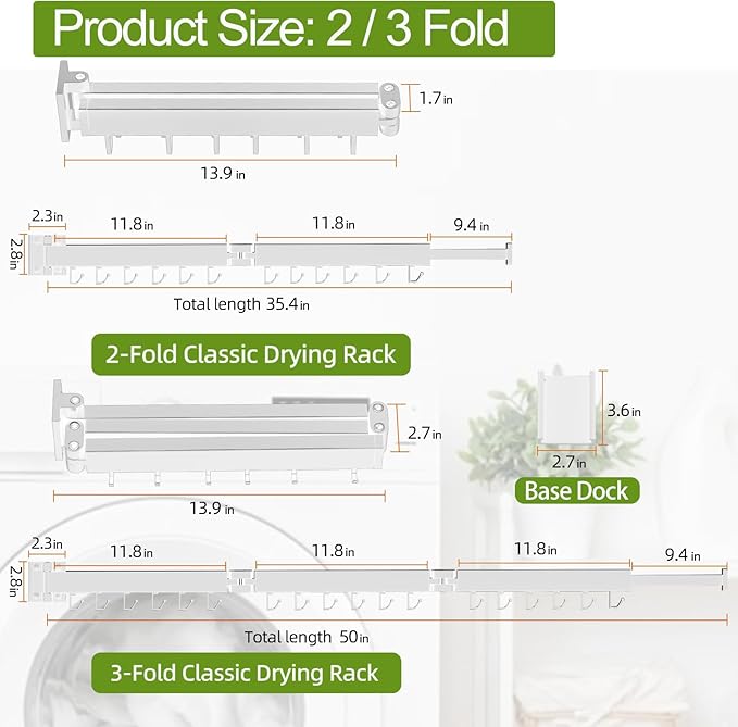 Clothes Drying Rack, Laundry Drying Rack Wall Mount, 3-Fold Wall Mounted Clothes Drying Racks for Hanging Clothes, Foldable & Sturdy Space Saver for Laundry Room -White