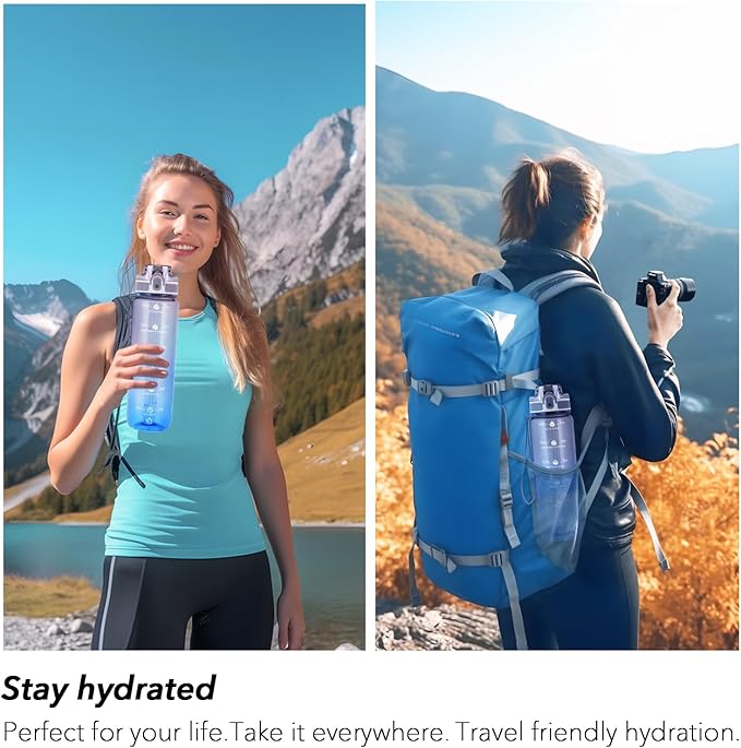 32oz Motivational Water Bottles with Time Marker & Fruit Strainer, Transparent Gradient Color Water Bottle with Times to Drink, Leakproof & BPA Free, Reusable Bottle with Strap (No Straw)