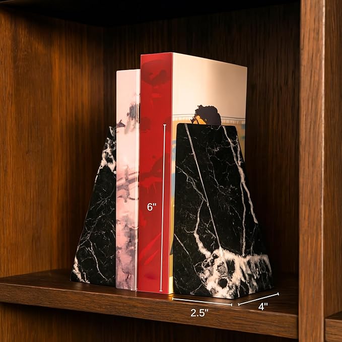 Bey-Berk Black Zebra Marble Bookends, Black ? 7.25" Tall, White Veins, Heavy-Duty Triangular Stone Book Stopper