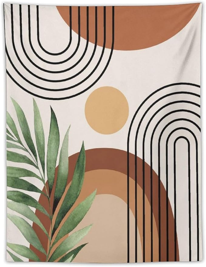 Abstract Bohemian Mid Century Tapestry, Tropical Leaves Modern Geometric Archway Minimalist Bohemian Botanical Aesthetic Wall Hanging, Sage Green Gold Home Decor Art for Bedroom 60x60 Inch