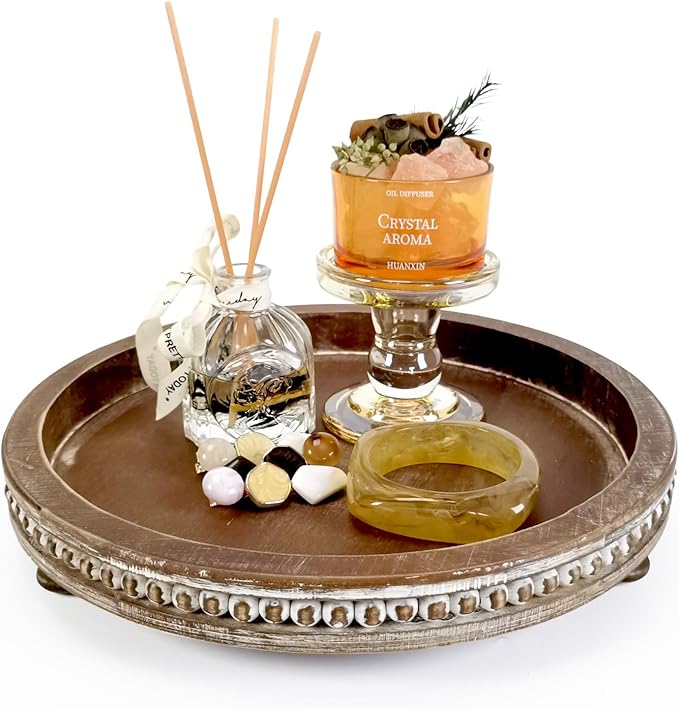 12 Inches Rustic Wooden Decorative Tray, Small Round Beaded Wood Tray for Kitchen Dinning Table Centerpiece Decor Entryway Living Room Home Decor, Brown