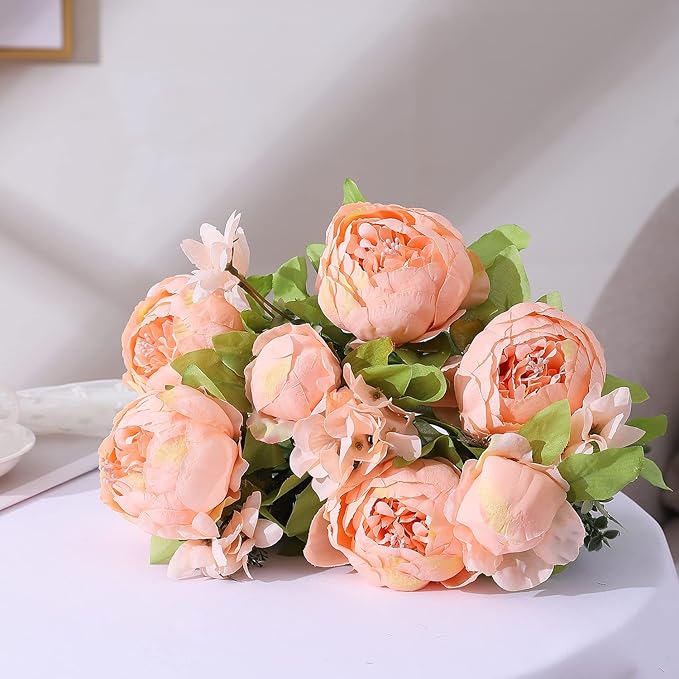 Duovlo Springs Flowers Artificial Silk Peony Bouquets Wedding Home Decoration,Pack of 1 (Spring Orange-Pink)