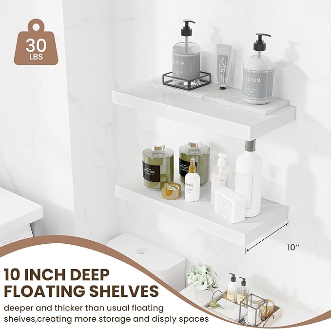 Fun Memories 24 Inch Floating Shelves Wall Mounted, 10 Inch Deep Wall Shelves, 24 x 10 Floating Shelf for Living Room Bathroom Bedroom, White, Set of 2