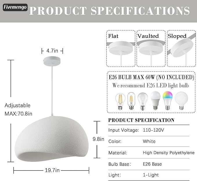 19.7in Wabi Sabi Pendant Lights Kitchen Island Lighting Fixture Ceiling Mount White Modern Japanese Lamp Japandi Chandelier for Dining Living Room Hallway Bedroom Restaurant Hanging Lamp