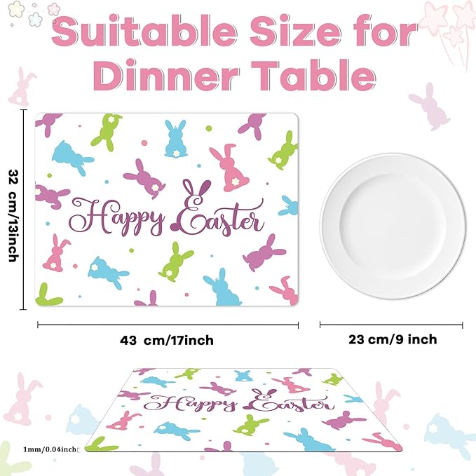 Easter Placemats Set of 6 Easter Rabbit Eggs Plastic Table Mats Easter Bunny Rabbit Place Mats Rustic Vintage Spring Seasonal Table Decoration for Indoor Outdoor Party Kitchen Dining Table