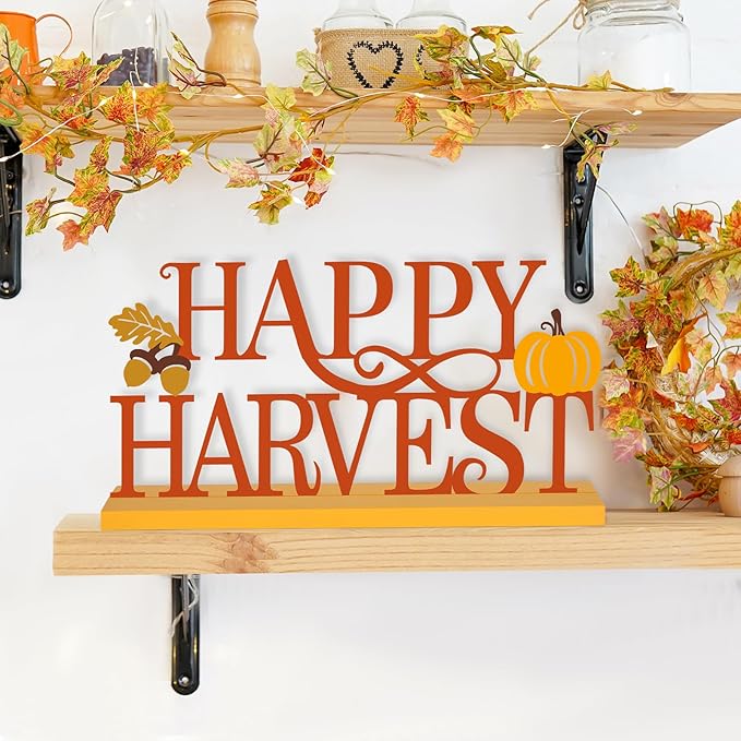 COCHIE Metal Happy Harvest Sign, Orange Fall Decorations for Home, Office, Shelf, Mantel, Indoor, Autumn Pumpkin Decoration, Hello Fall Leave Decor (Harvest)
