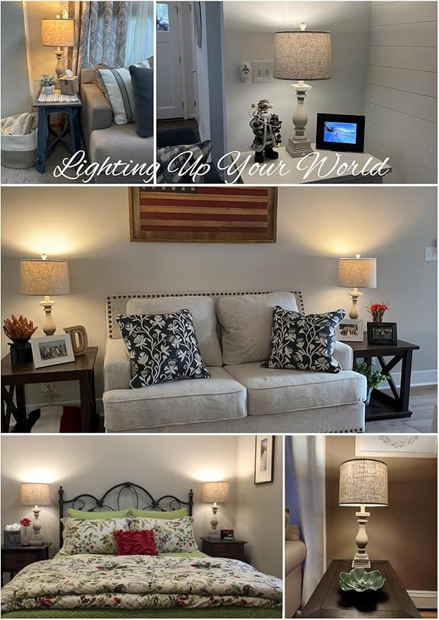 BOBOMOMO 27" Table Lamp with USB C+A Charging Ports Set of 2 Antique Nightstand Lamp for Bedroom Living Room Farmhouse Office Retro Rustic Resin Bedside Desk Lamps Washed White