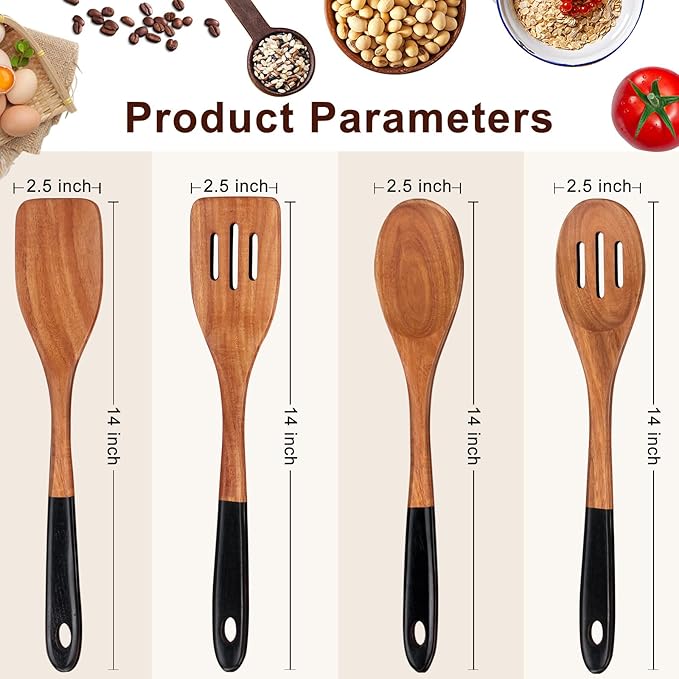 14 Inch Large Wooden Spoons for Cooking Utensils Set Acacia Wood Spatula Slotted Spoon Best Non Toxic Kitchen Utensil Long Mixing Spoon Spatulas Turner Stirring Serving Spoons Kitchen Use Tools