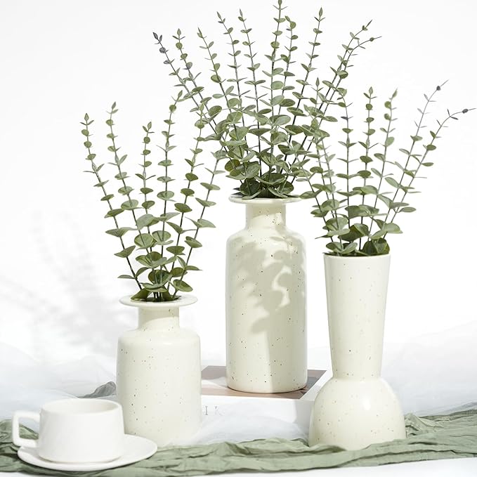 24Pcs Faux Eucalyptus Stems, 15" Artificial Eucalyptus Plants with White Frosted Coating, Fake Eucalyptus Decor Plastic Greenery Leaves for Wedding Bouquets Home Decor DIY Floral Arrangements