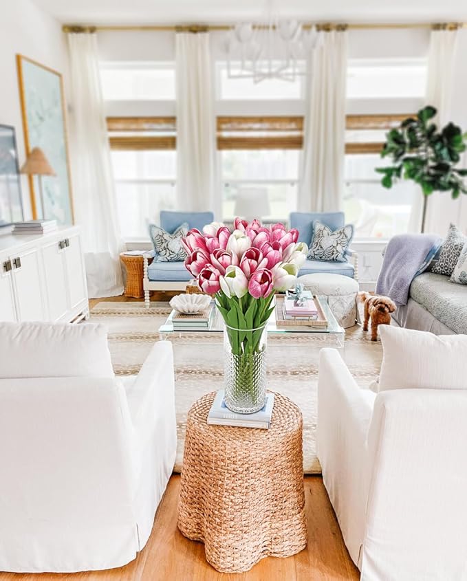 Artificial Tulips Flowers – 24" Long Stem Faux Tulips, 7PCS Real Touch Fake White Tulip for Vase, Farmhouse, Kitchen, Spring & Wedding Home Decor