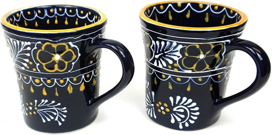 Encantada Handmade Hand-Painted Authentic Mexican Pottery Mugs (2-Pack, Blue Helecho)
