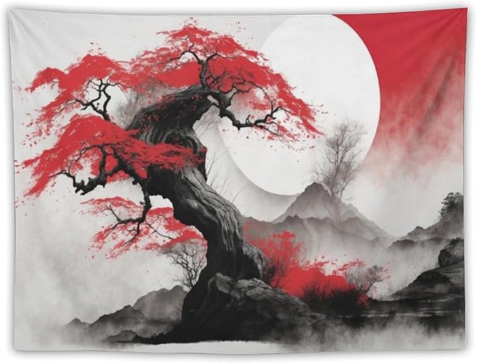 Cherry Blossoms Tapestry,Japanese Red Landscape Asian Watercolor Abstract Art Tapestry,Japanese Wall Tapestry, Nature Landscape Tapestries for Bedroom Living Room Decor 60"x50"