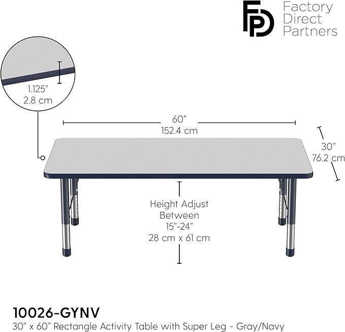 FDP Rectangle Activity School and Classroom Kids Table (30 x 60 inch), Toddler Legs, Adjustable Height 15-24 inches - Gray Top and Navy Edge