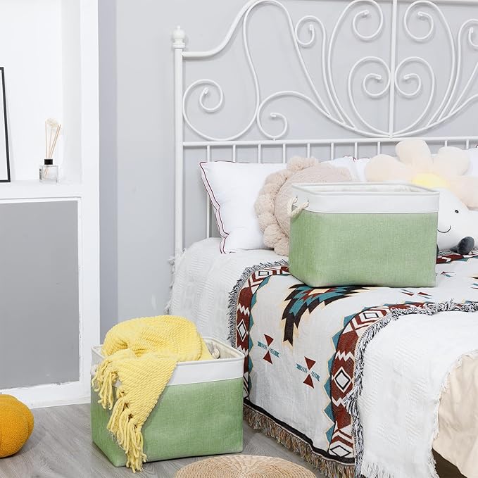 Bidtakay Baskets Fabric Closet Organizer Set of 2 Green Collapsible Storage Bins with Handles 16x12x12 in Large Decorative Tall Baskets for Shelves Nursery Baby Toys Storage Living Room Decor