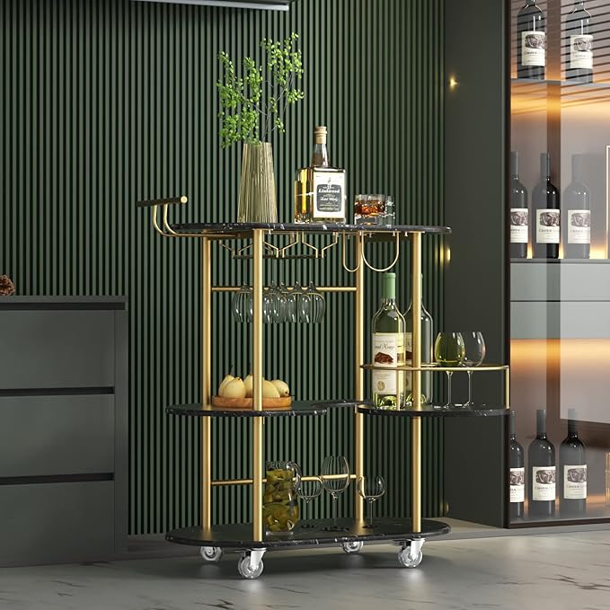 Black Bar Carts with 4-Tier Storage Shelves, Mobile Bar Serving Cart with Wine Rack and Glass Holder, for The Home, Kitchen, Living Room, Dining Room