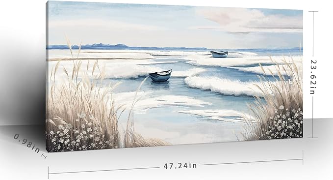 amatop Large Canvas Art Wall Decor for Bedroom Living Room –Rustic Coastal Ocean Artwork for Walls with Sailboat and Waves – Blue and White Nautical Beach Seascape Canvas Print 48x24 Inch