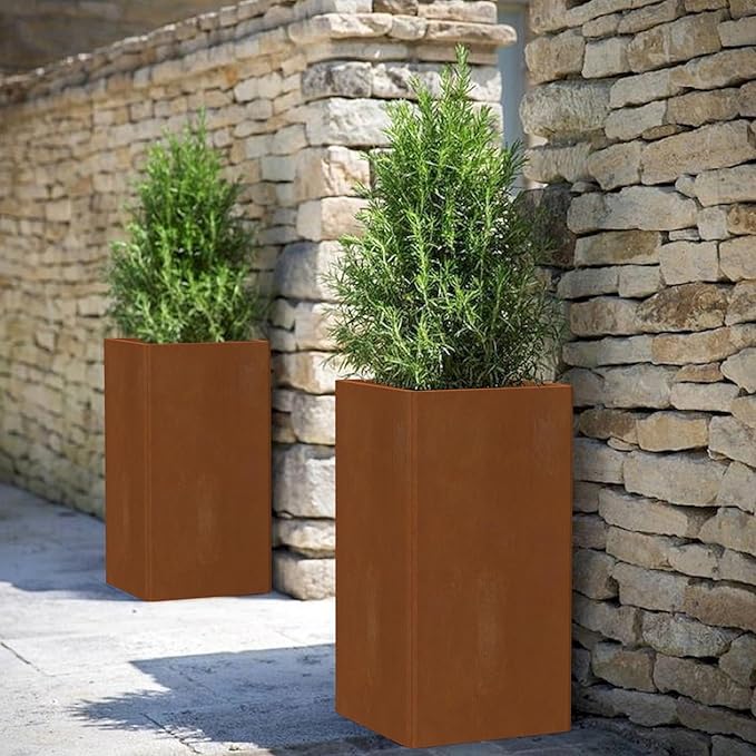 Cor Ten Steel Planter 26 Inch Tall Planter with Drainage Holes, Rust-Resistant/Heavy-Duty Metal Planter Box for Garden, Patio, Porch & Yard (14x14x26in)