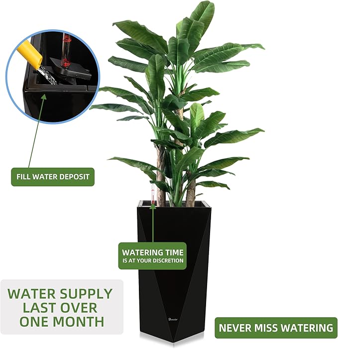 Dexceder 24 Inches Tall Self Watering Planter Diamond High Gloss Indoor Outdoor, Thickened Rhombus Large Floor Standing Flower Plant Pot with Water Level Indicator (Black)