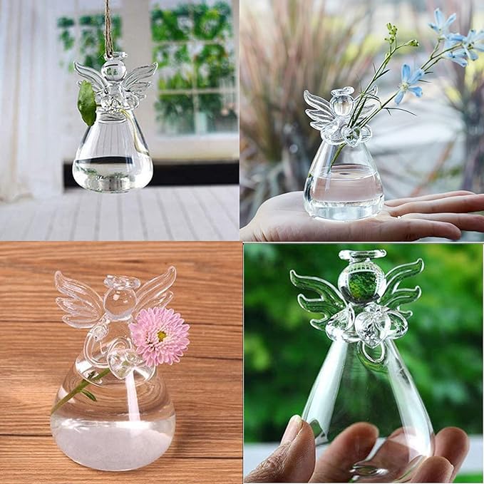 Angel Design Glass Vases Clear Flower Plant Terrarium Container Hanging Vase Wedding Decor Garden Ornaments Hanging Planter (Pack of 8)