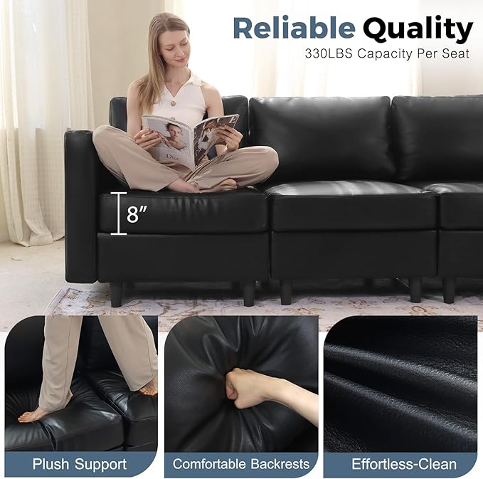 ABCASA 118.5" Faux Leather Modular Sectional Sofa, 7 Seater U Shaped Couch with Storage Seat with Reversible Chaise Deep Seat for Living Room Black