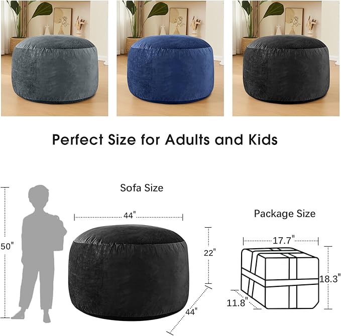 Bean Bag Chairs for Adults - Memory Foam Furniture BeanBag Chair - Kids/Teens Sofa with Soft Micro Fiber Cover - Round Fluffy Couch for Living Room Bedroom College Dorm - 4 ft, Carbon Black