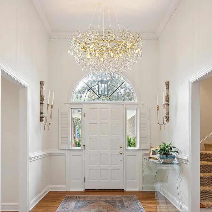 14-Light Modern Large Crystal Chandelier for Dining Room, 48" Round Gold Crystal Tree Branche Chandelier, Living Room Crystal Chandelier, Crystal Chandeliers for High Ceiling,Entryway,Foyer